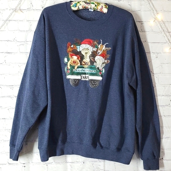 Farm Christmas Cow Goat Pig Sheep Chicken Truck Pullover Crewneck Sweater Sz XL - Picture 1 of 10